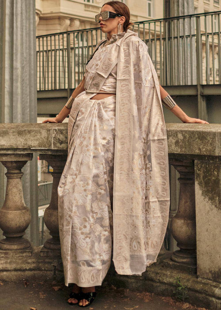 Parchment White Zari Handloom Woven Organza Silk Saree | Stitched Blouse - qivii