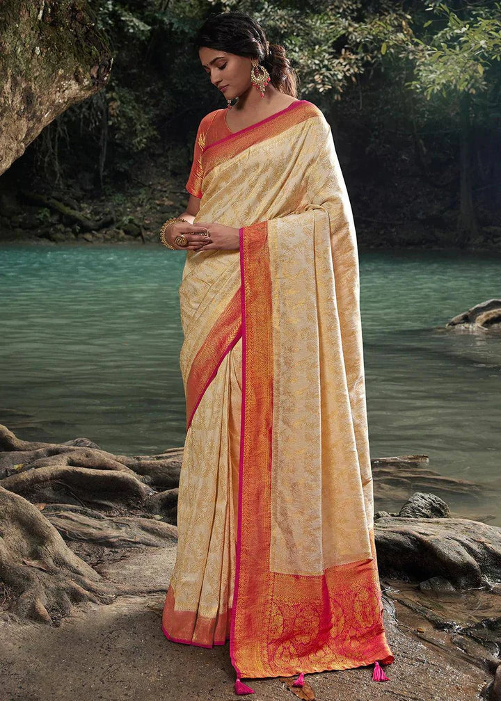 Parchment White Zari Woven Kanjivaram Silk Saree | Stitched Blouse - qivii