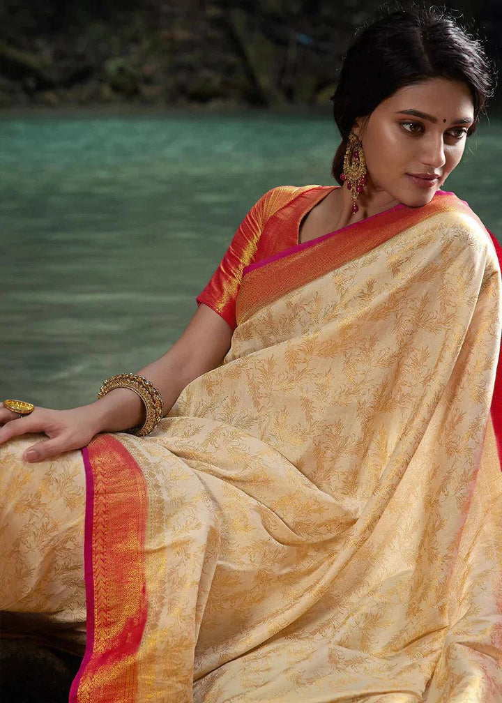 Parchment White Zari Woven Kanjivaram Silk Saree | Stitched Blouse - qivii