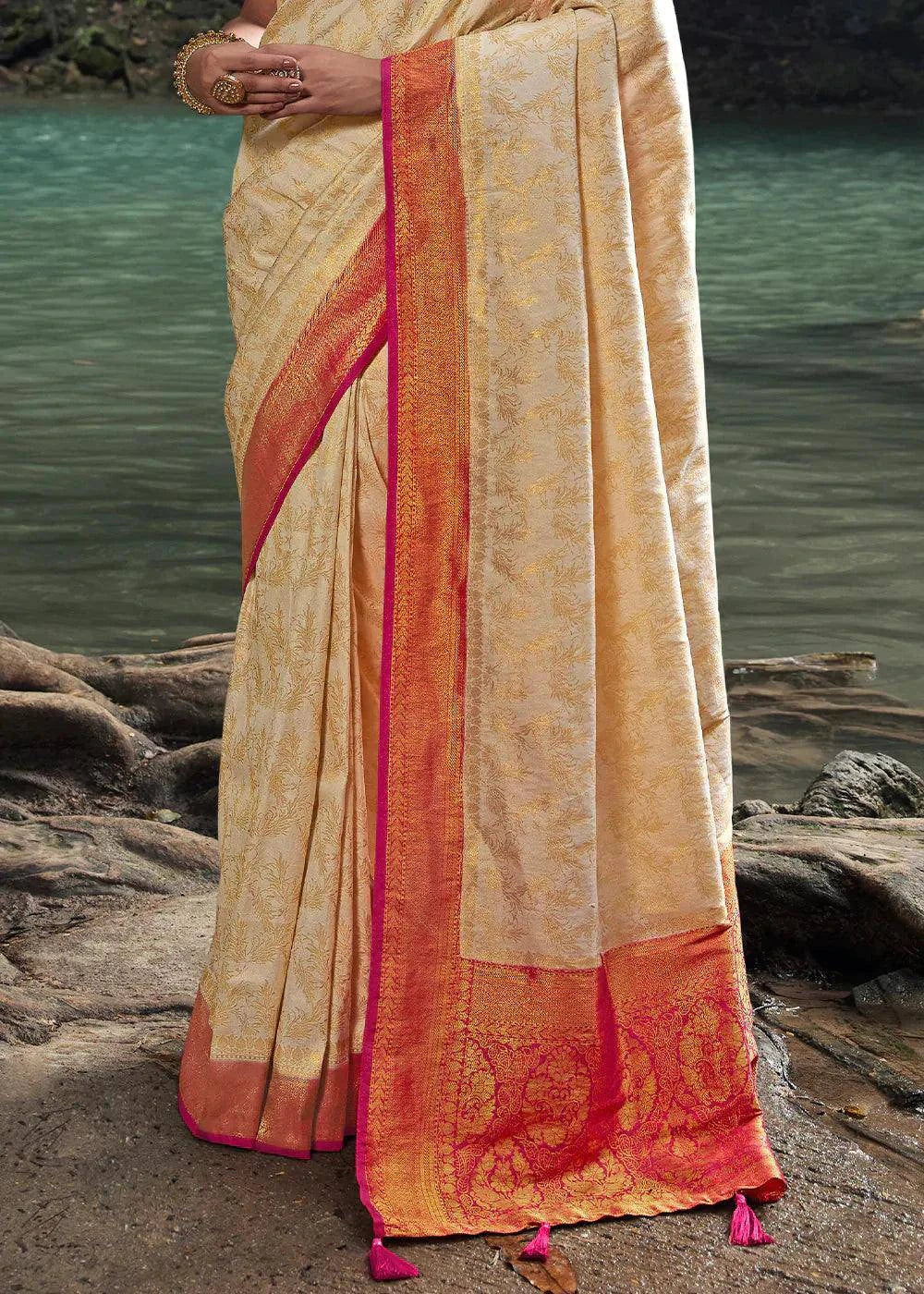 Parchment White Zari Woven Kanjivaram Silk Saree | Stitched Blouse - qivii