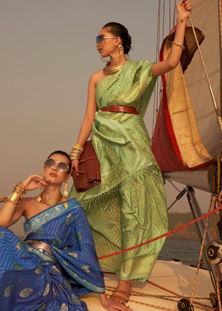 Paris Green Two Tone Designer Satin Silk Saree | Stitched Blouse - qivii