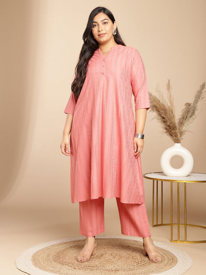 Plus Size Pink Cotton Jacquard Self Desgin A-Line Co-Ord Set  - By Janasya