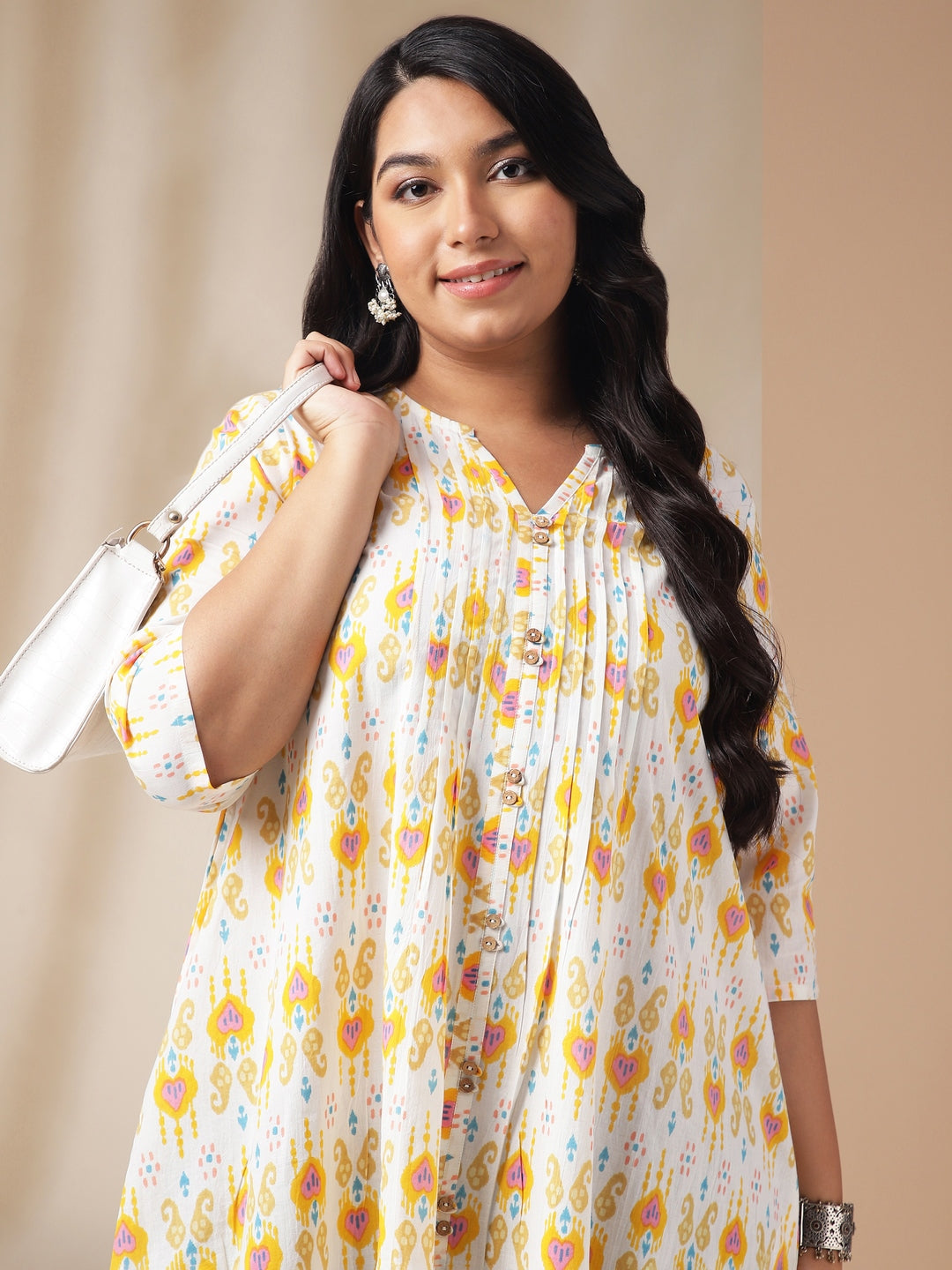 Plus Size Off White Cotton Ikkat Pleated Tunic  - By Janasya