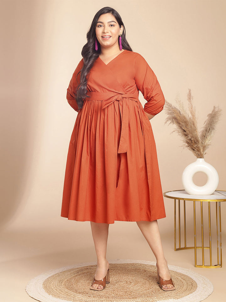 Plus Size Rust Poplin Solid Wrap Dress  - By Janasya