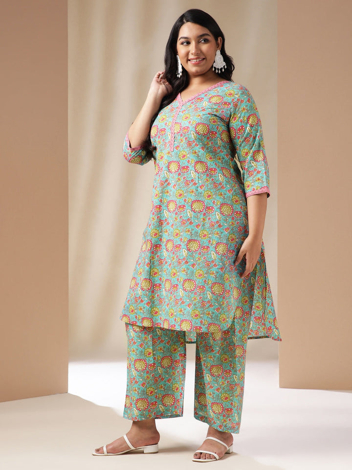 Plus Size Light Blue Cotton Floral High-Low Kurta Set  - By Janasya