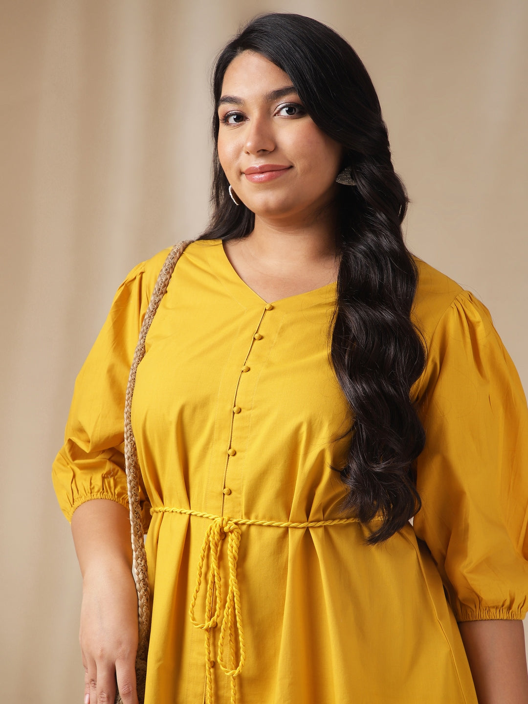 Plus Size Yellow Poplin Solid A-Line Dress  - By Janasya