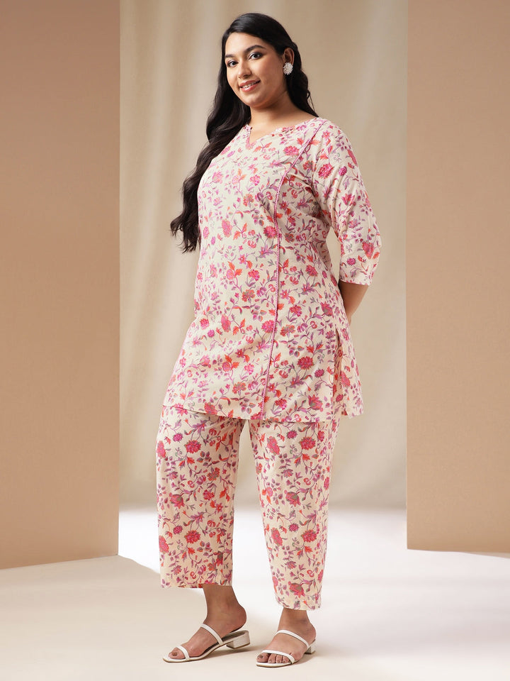 Plus Size Cream Cotton Floral A-Line Co-ord Set  - By Janasya