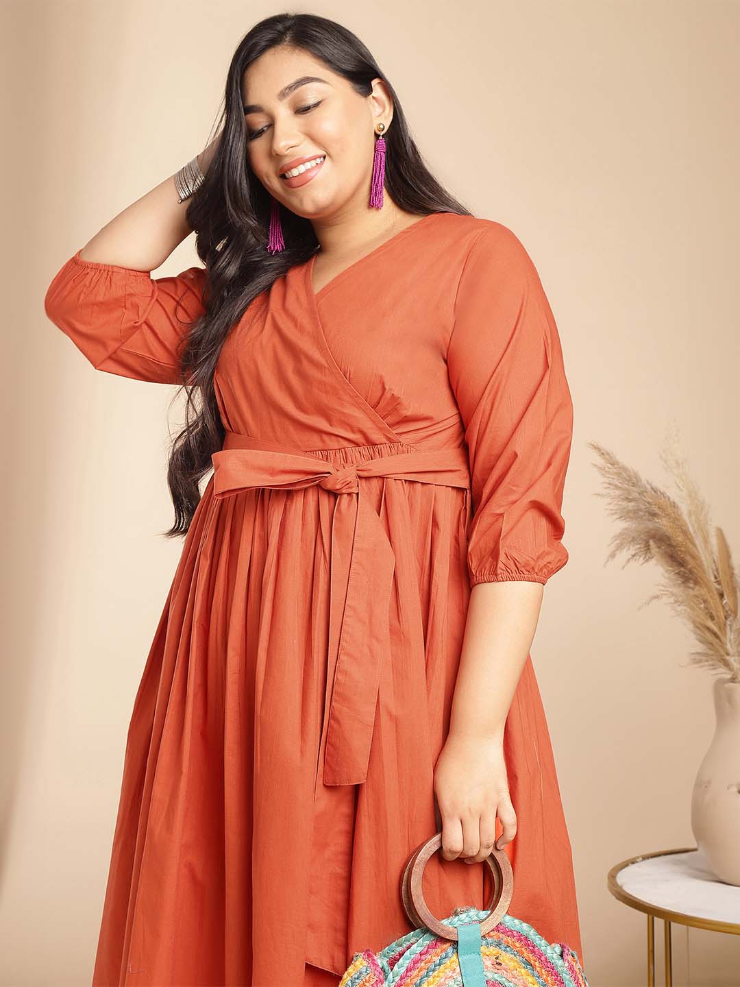 Plus Size Rust Poplin Solid Wrap Dress  - By Janasya