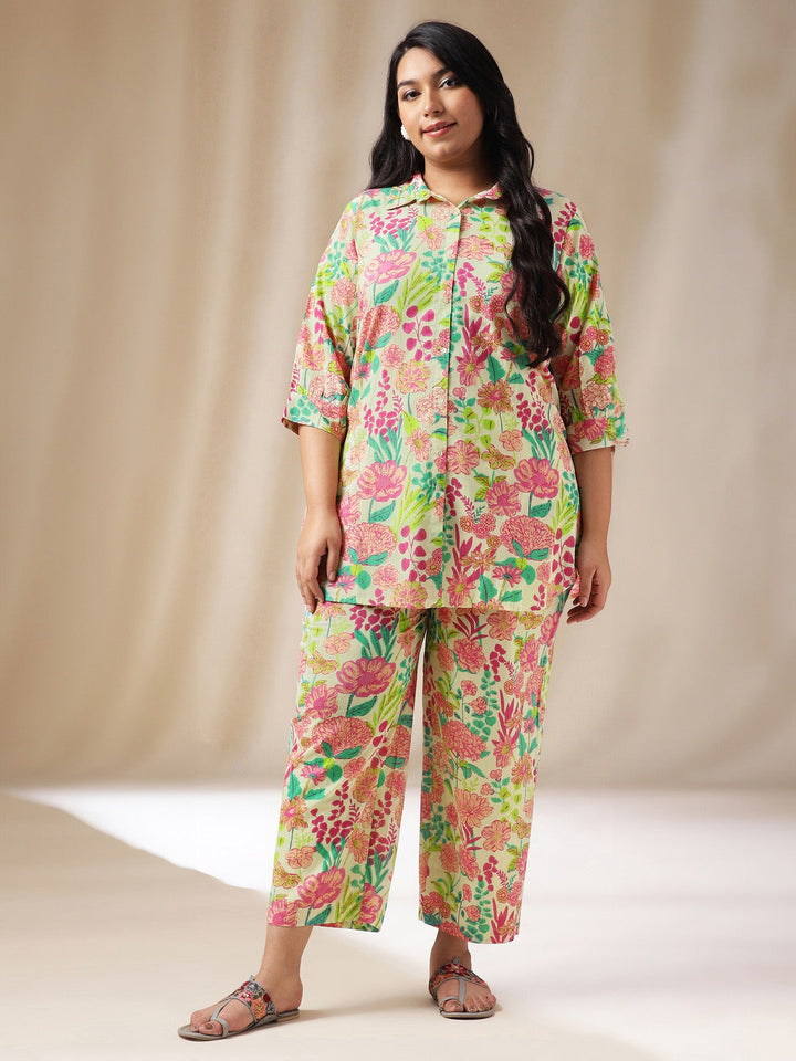 Plus Size Multicolor Cotton Floral Regular Co-Ord Set  - By Janasya