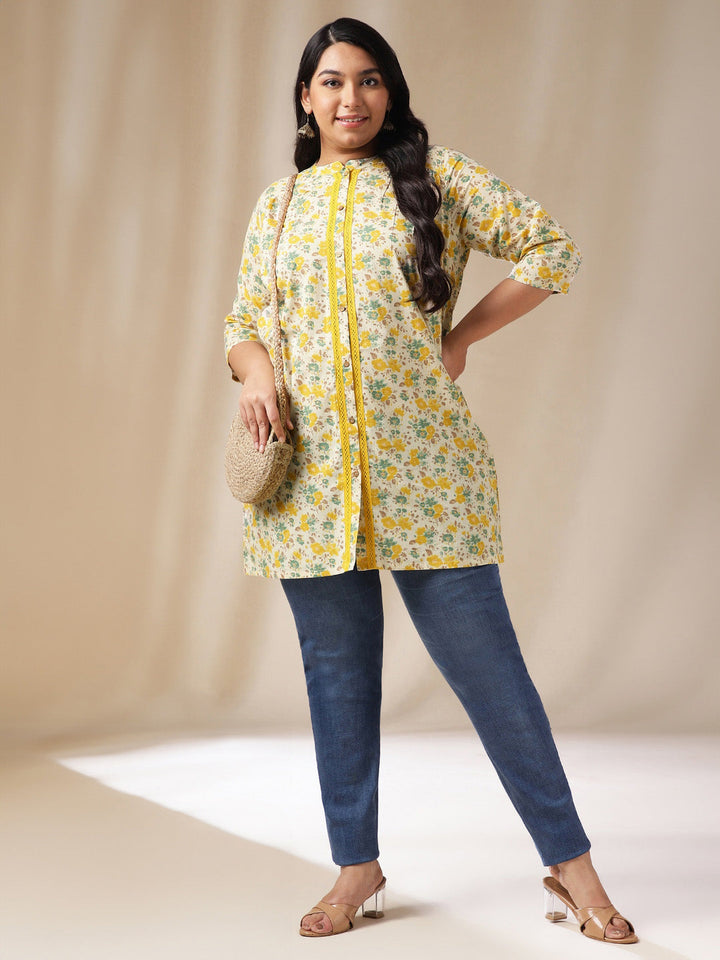 Plus Size Cream Cotton Floral A-Line Tunic  - By Janasya