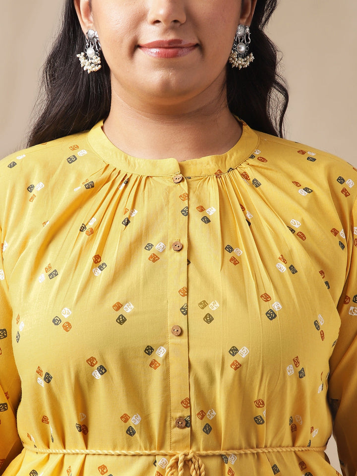 Plus Size Mustard Cotton Bandhani A-Line Co-ord Set  - By Janasya