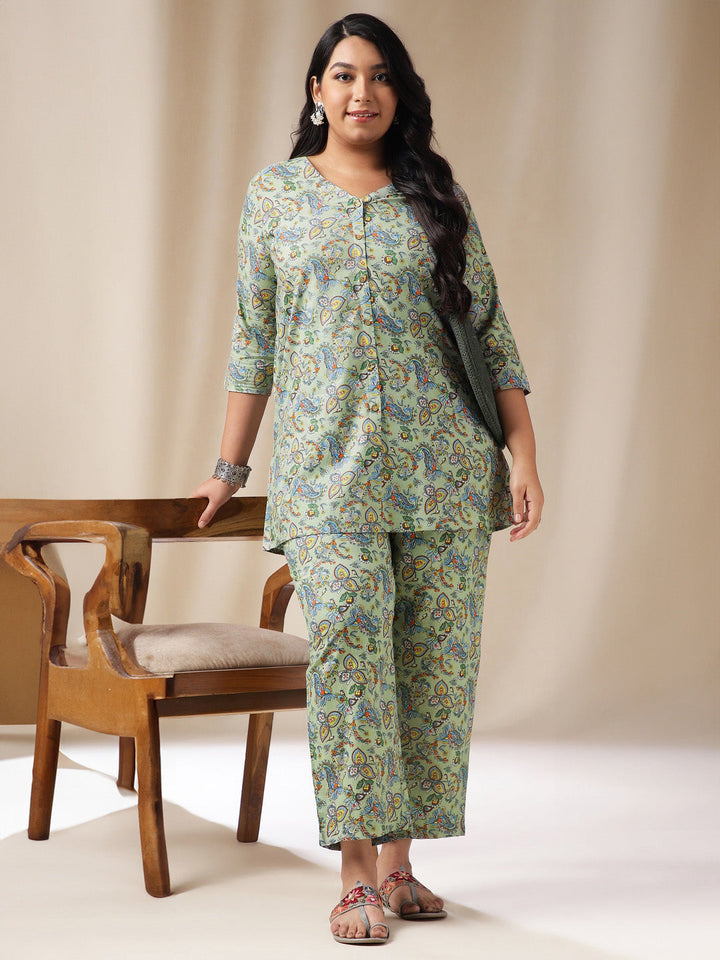 Plus Size Sage Cotton Floral Shirt Style Co-ord Set  - By Janasya