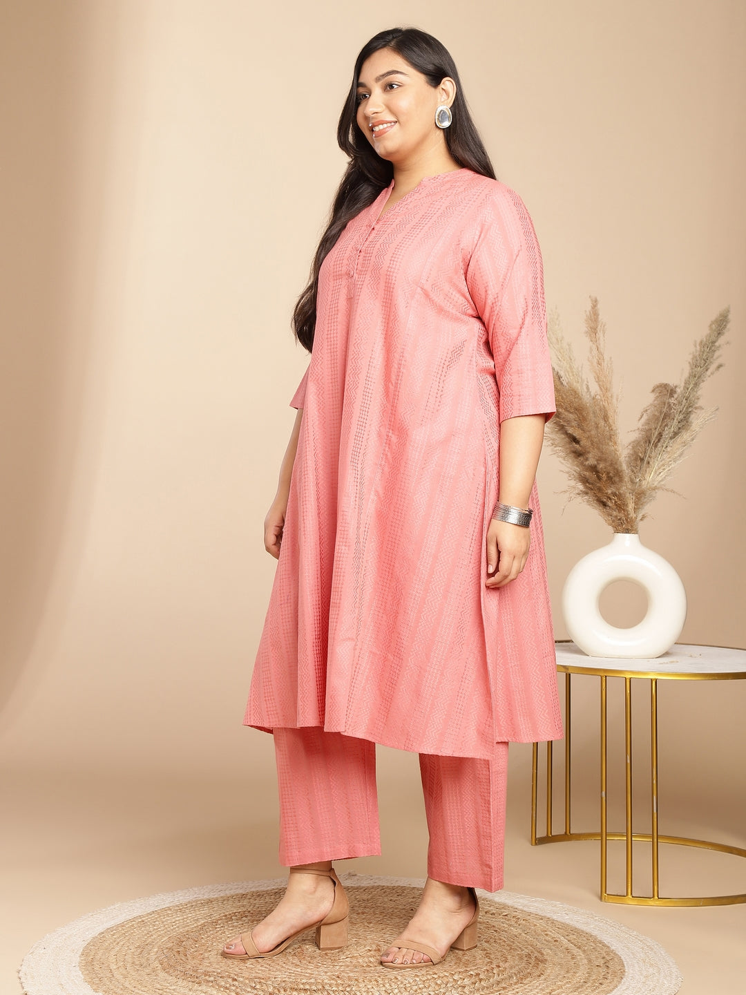 Plus Size Pink Cotton Jacquard Self Desgin A-Line Co-Ord Set  - By Janasya