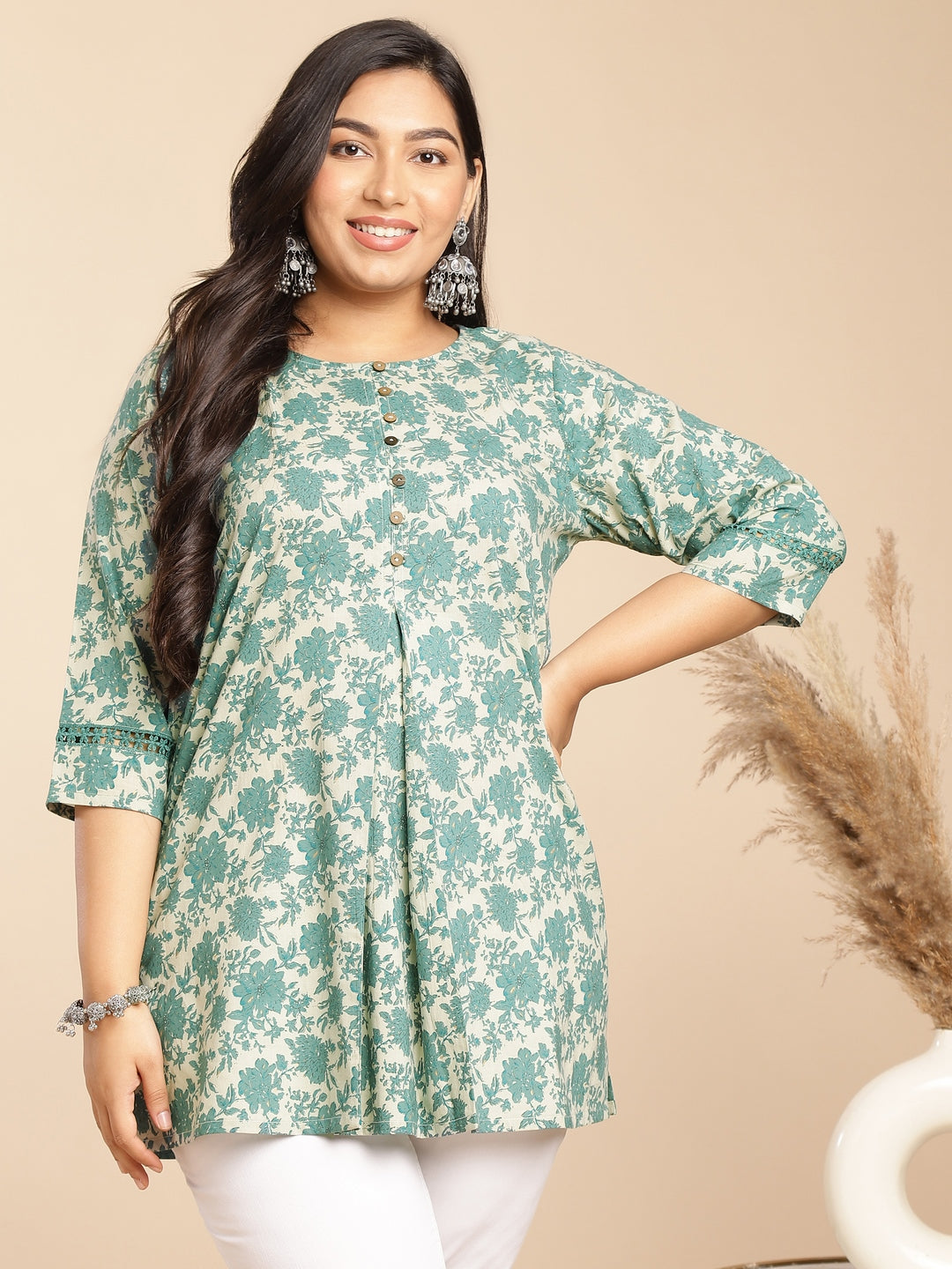 Plus Size Sage Cotton Floral A-Line Tunic  - By Janasya