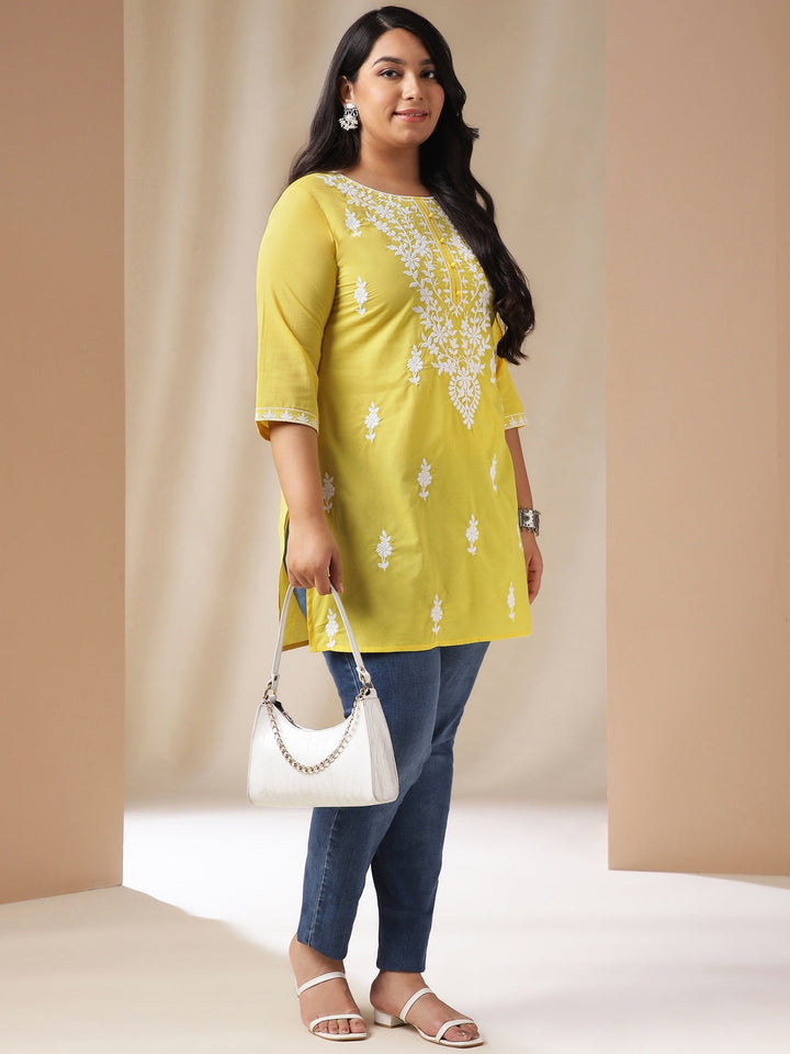 Plus Size Yellow Cotton Chikankari Regular Tunic  - By Janasya