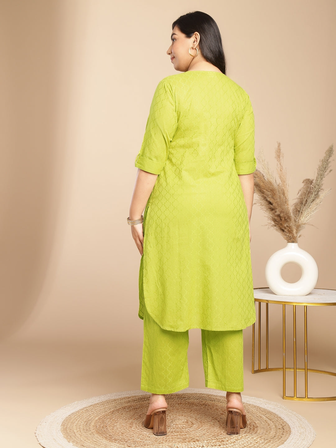 Plus Size Lime Green Cotton Jacquard Self Design Regular Co-Ord Set  - By Janasya