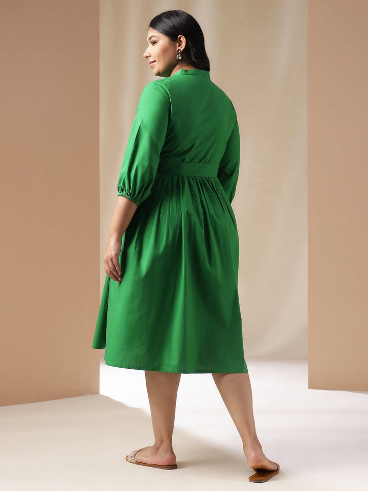 Plus Size Green Poplin Solid Fit & Flare Dress  - By Janasya