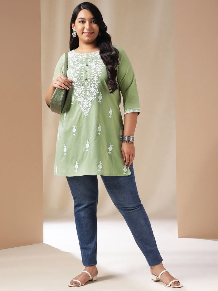 Plus Size Sage Cotton Chikankari Regular Tunic  - By Janasya