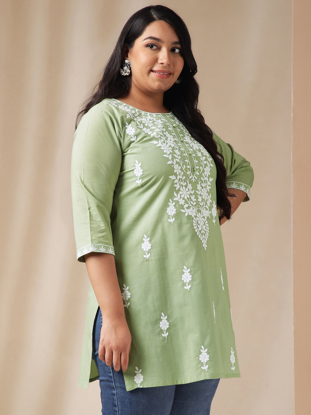 Plus Size Sage Cotton Chikankari Regular Tunic  - By Janasya