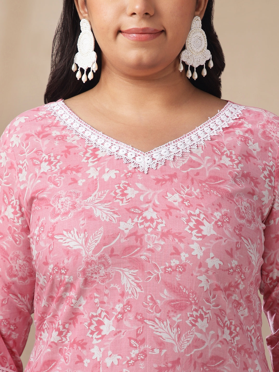 Plus Size Pink Cotton Floral Straight Kurta Set  - By Janasya