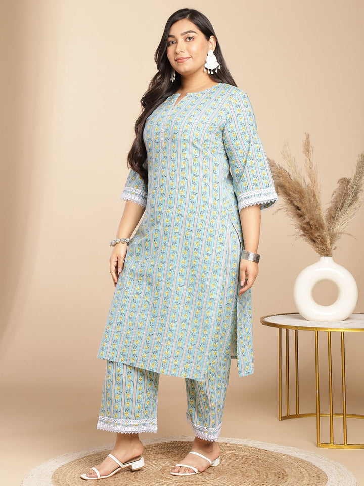 Plus Size Light Blue Cotton Floral Regular Kurta Set  - By Janasya