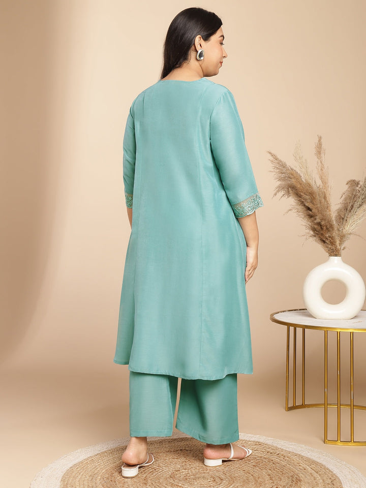 Plus Size Sage Muslin Yoke Embroidery A-Line Kurta Set  - By Janasya