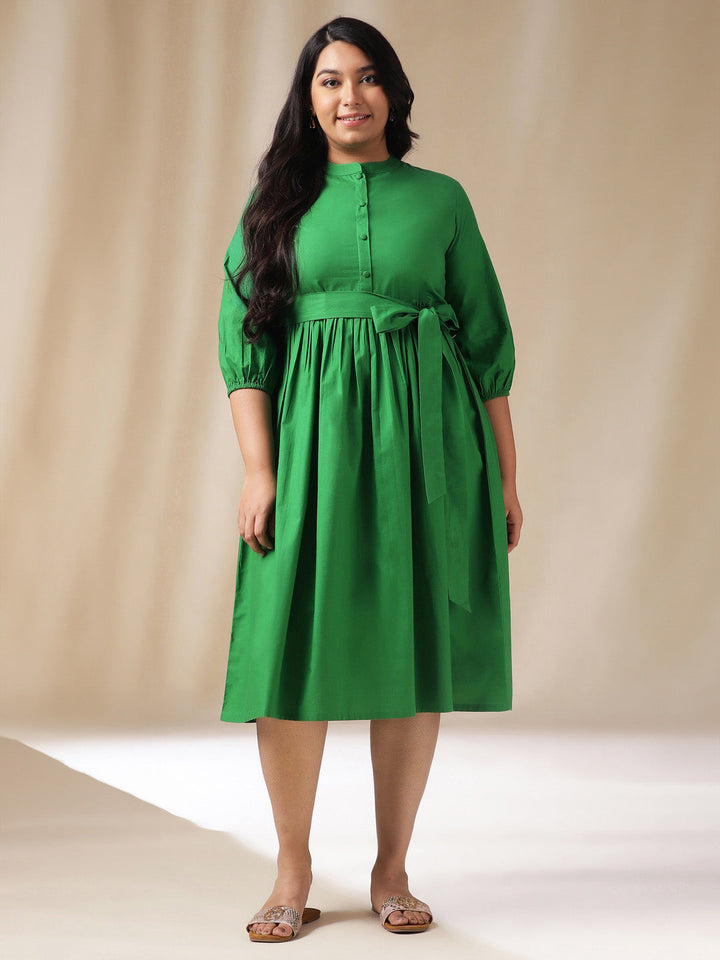 Plus Size Green Poplin Solid Fit & Flare Dress  - By Janasya