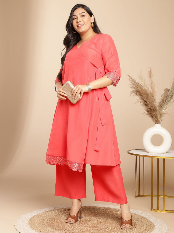 Plus Size Peach Muslin Solid Angrakha Kurta Set  - By Janasya