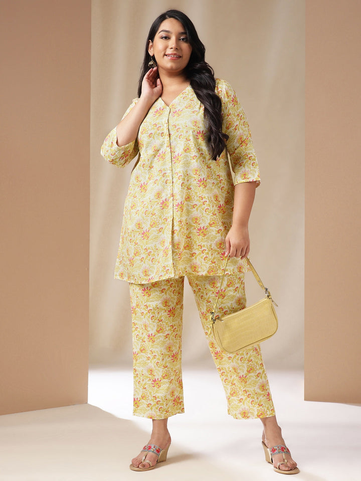 Plus Size Off White Cotton Floral A-Line Co-ord Set  - By Janasya