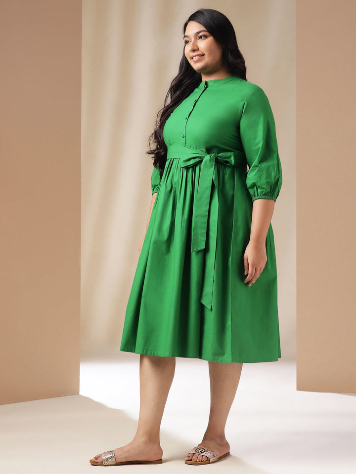 Plus Size Green Poplin Solid Fit & Flare Dress  - By Janasya