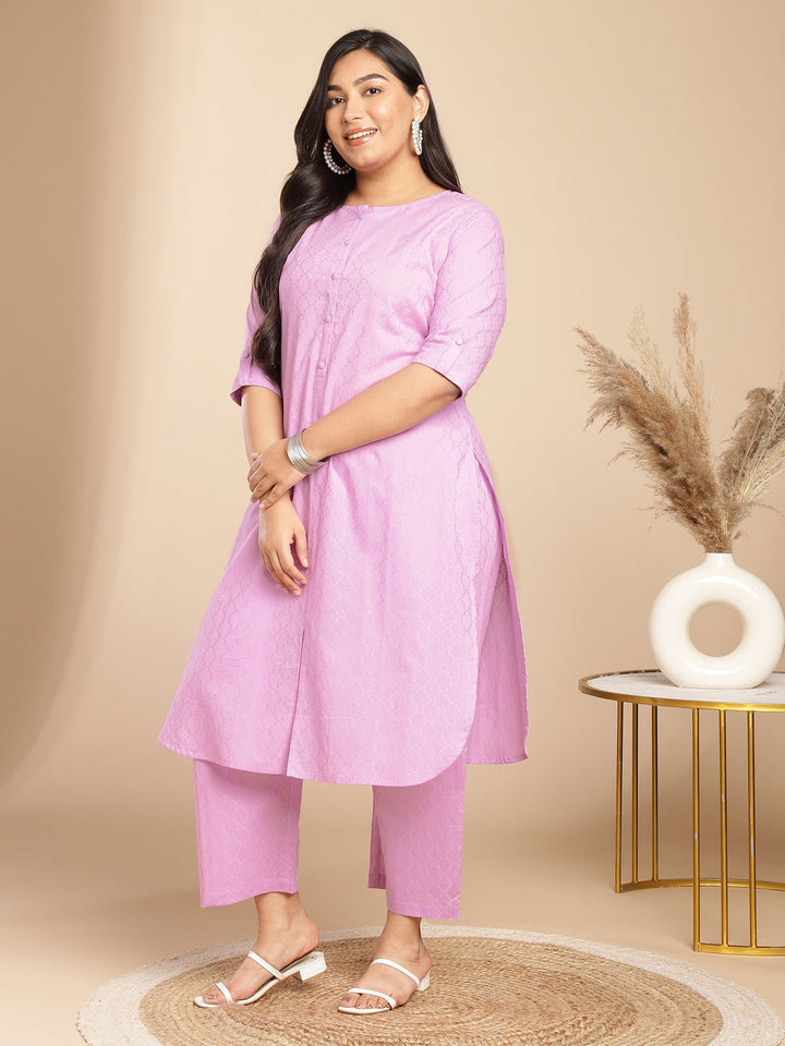 Plus Size Lavender Cotton Jacquard Self Design Straight Co-Ord Set  - By Janasya