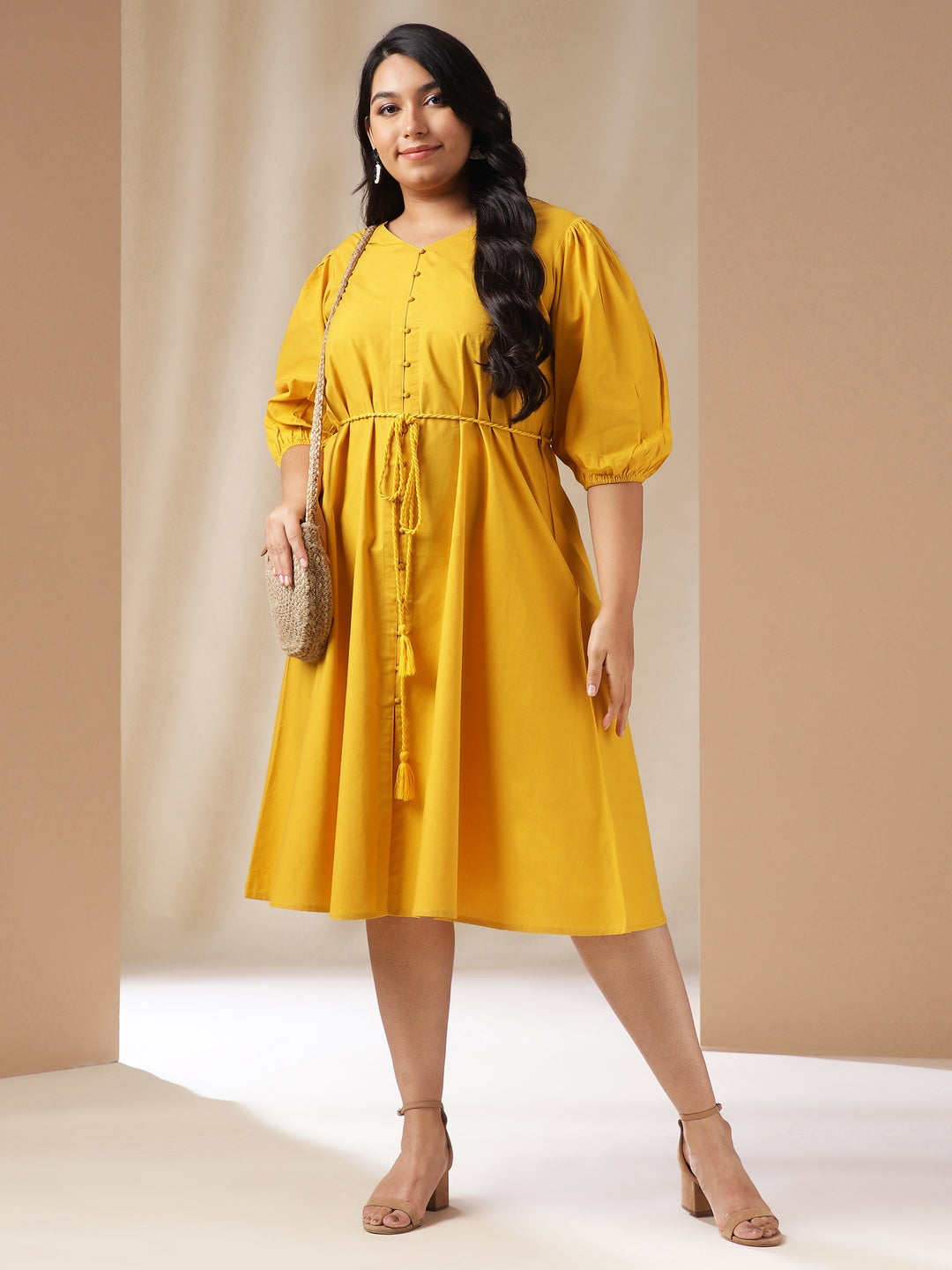 Plus Size Yellow Poplin Solid A-Line Dress  - By Janasya