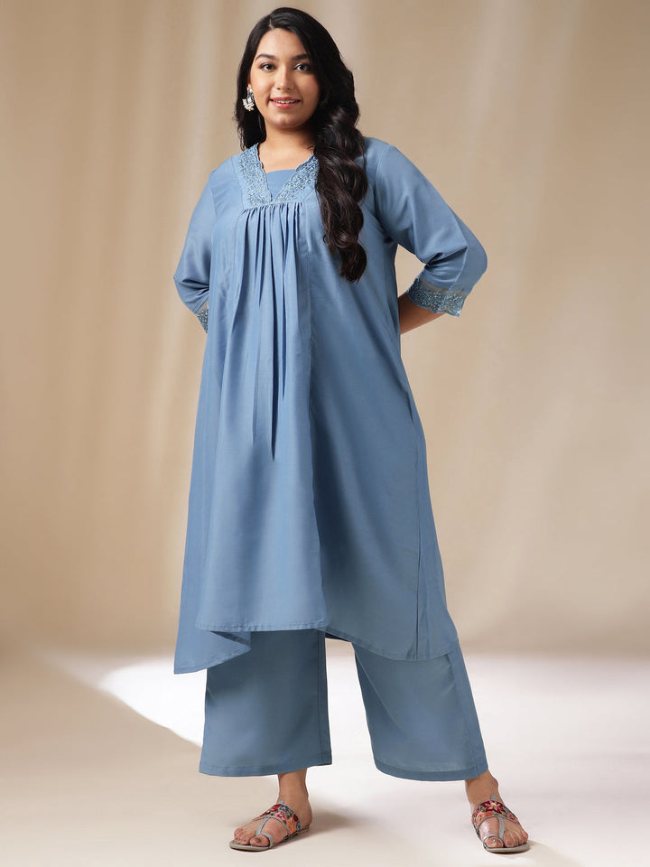 Plus Size Blue Muslin Yoke Embroidery Panelled Kurta Set  - By Janasya