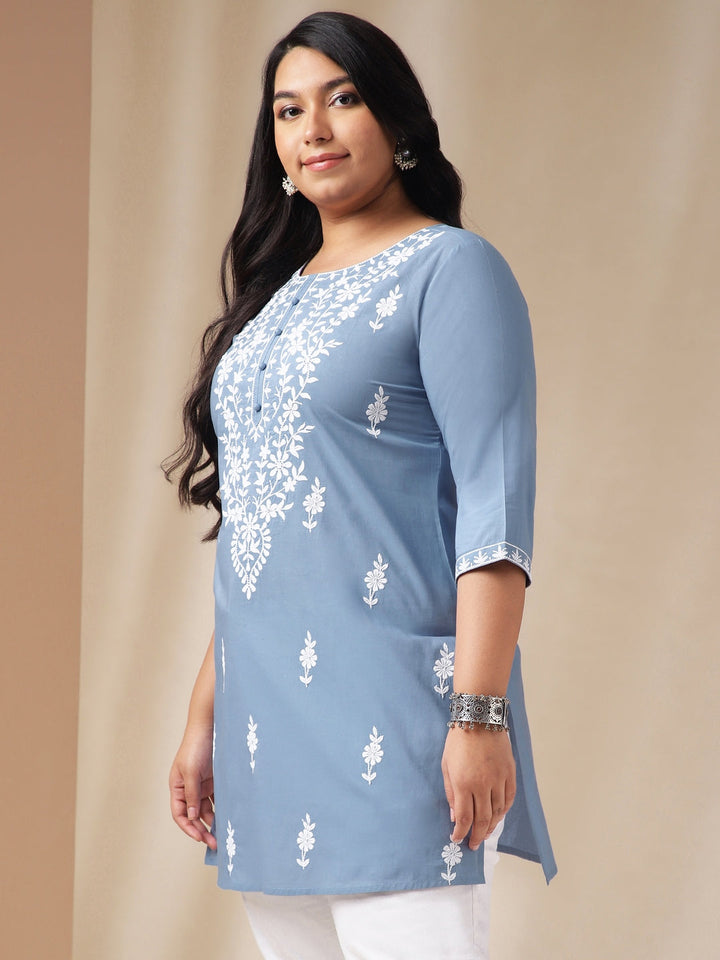 Plus Size Blue Cotton Chikankari Regular Tunic  - By Janasya