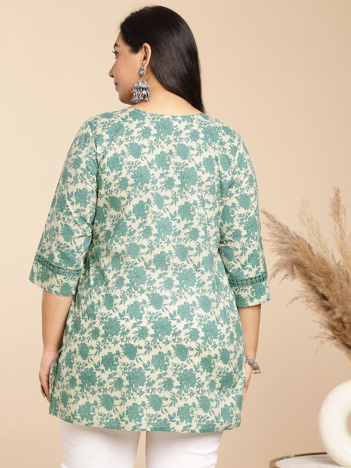 Plus Size Sage Cotton Floral A-Line Tunic  - By Janasya