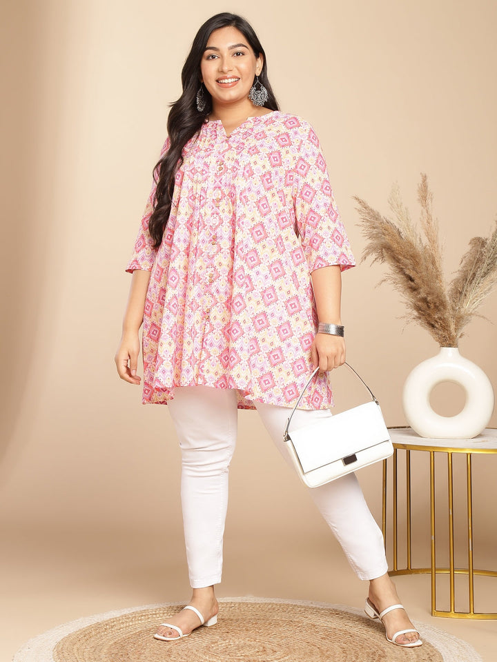 Plus Size Pink Cotton Ikkat Pleated Tunic  - By Janasya