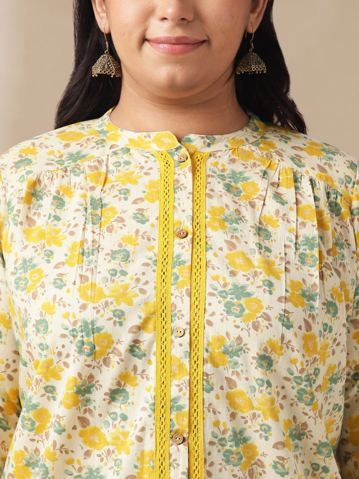 Plus Size Cream Cotton Floral A-Line Tunic  - By Janasya