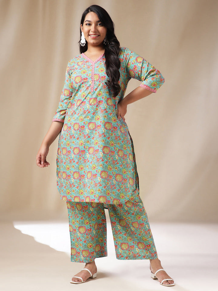 Plus Size Light Blue Cotton Floral High-Low Kurta Set  - By Janasya