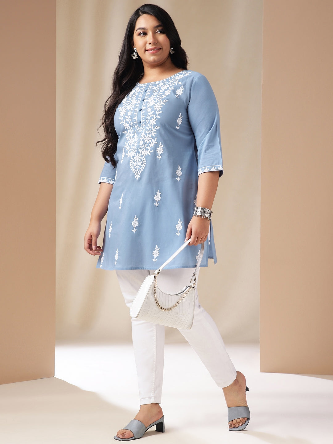 Plus Size Blue Cotton Chikankari Regular Tunic  - By Janasya