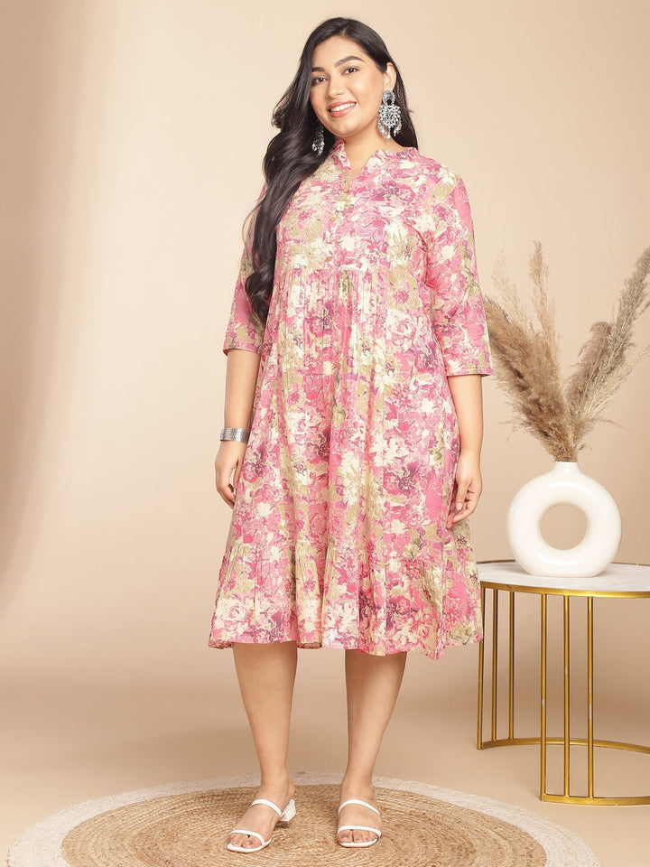 Plus Size Pink Cotton Abstract Gathered Dress  - By Janasya