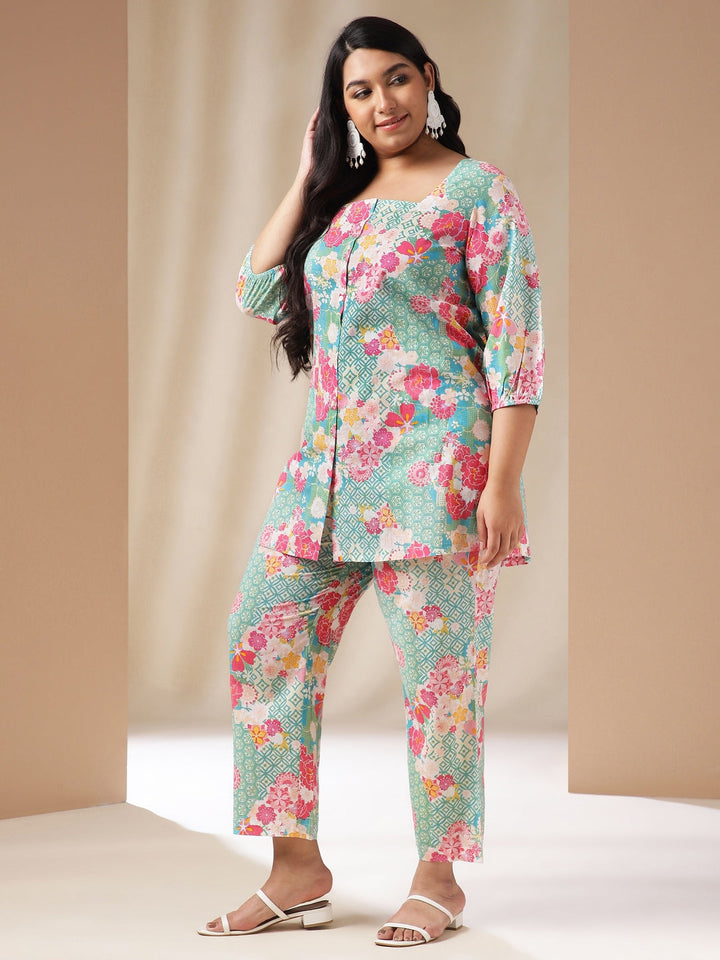 Plus Size Multicolor Cotton Ethnic Motifs A-Line Co-ord Set  - By Janasya