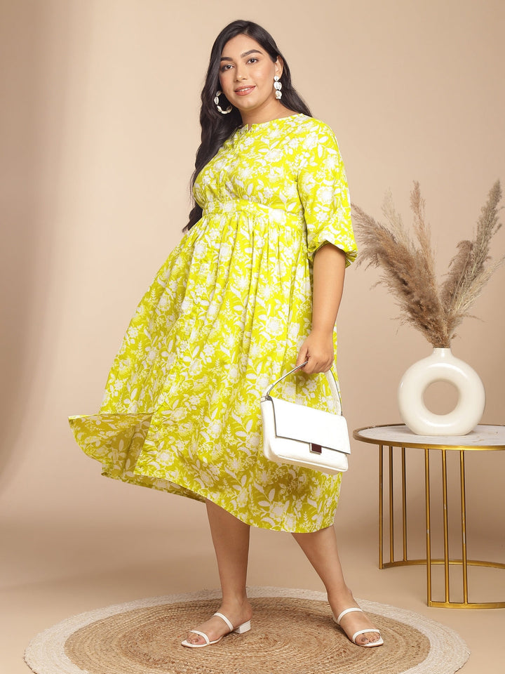 Plus Size Lime Cotton Floral Gathered Dress  - By Janasya