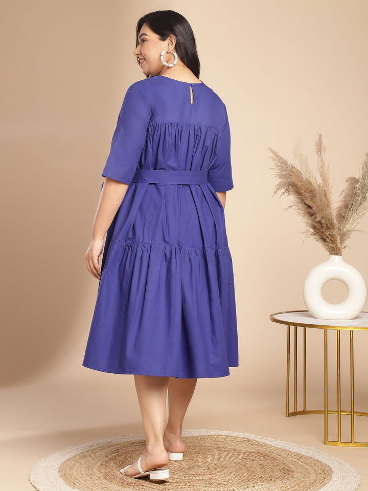 Plus Size Blue Poplin Solid Flared Dress  - By Janasya