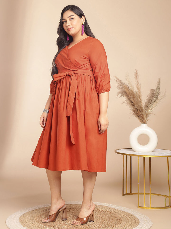 Plus Size Rust Poplin Solid Wrap Dress  - By Janasya