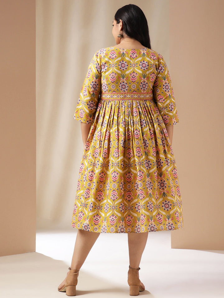 Plus Size Mustard Cotton Ethnic Motif A-Line Dress  - By Janasya