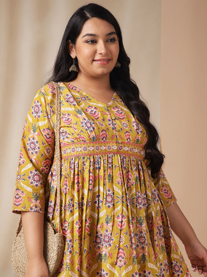 Plus Size Mustard Cotton Ethnic Motif A-Line Dress  - By Janasya