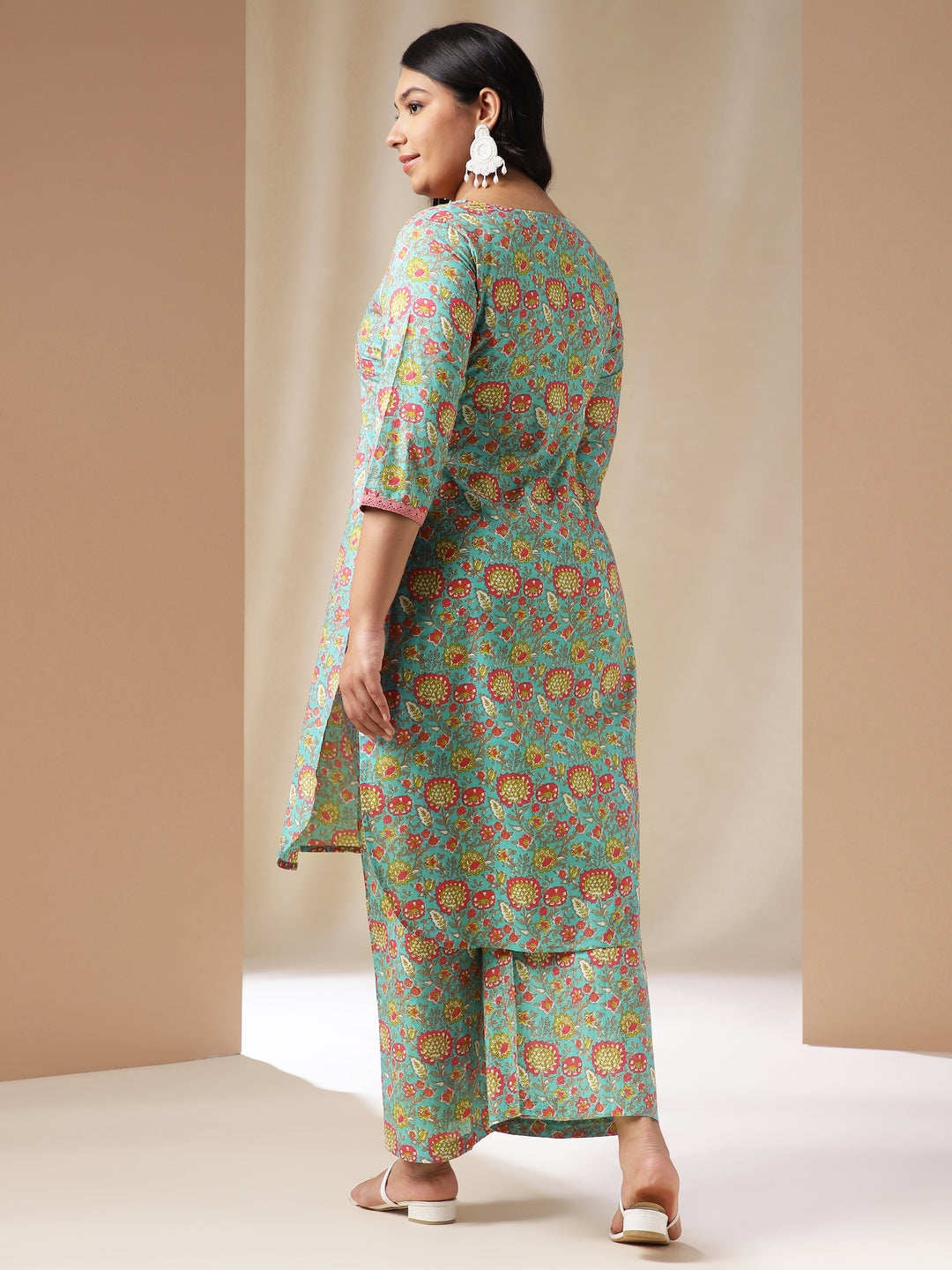 Plus Size Light Blue Cotton Floral High-Low Kurta Set  - By Janasya