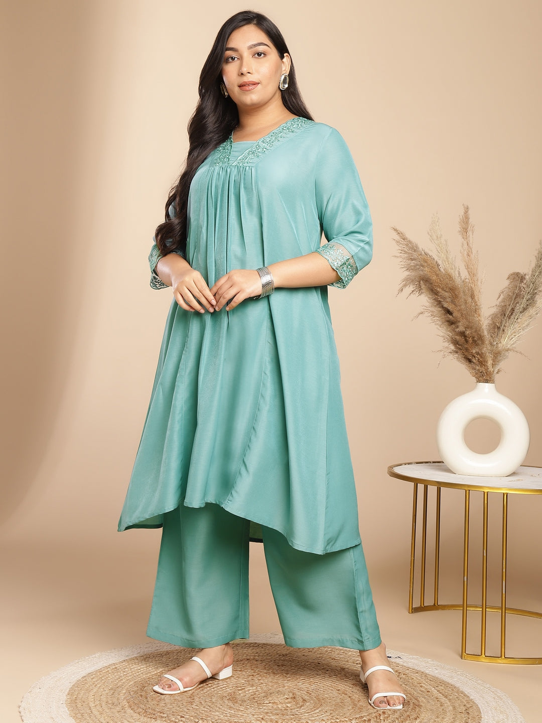 Plus Size Sage Muslin Yoke Embroidery A-Line Kurta Set  - By Janasya