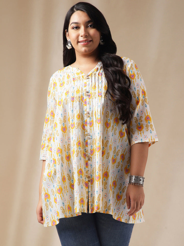 Plus Size Off White Cotton Ikkat Pleated Tunic  - By Janasya