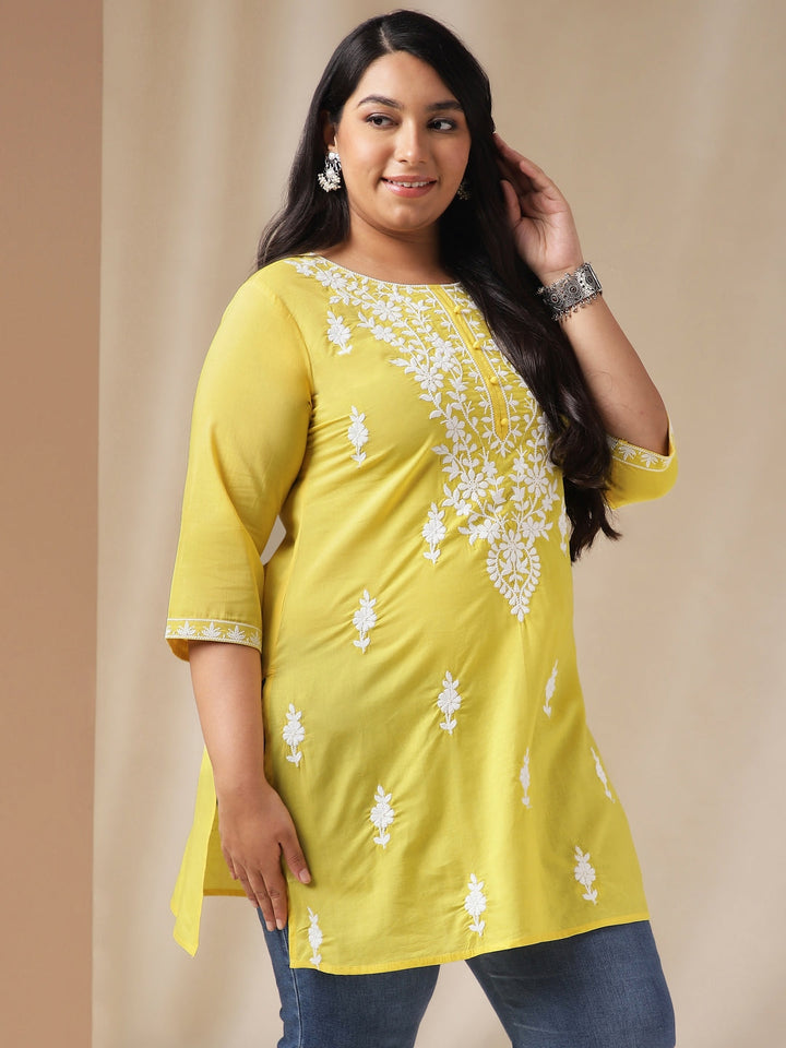 Plus Size Yellow Cotton Chikankari Regular Tunic  - By Janasya